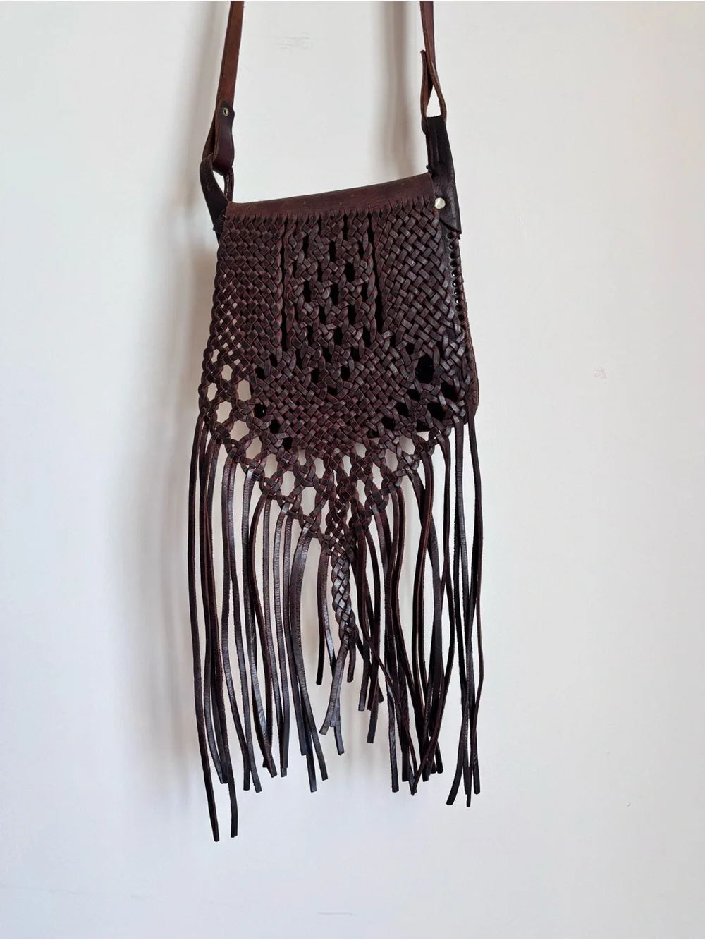 Vintage Genuine Leather Woven Macrame Fringe Crossbody Bag Brown